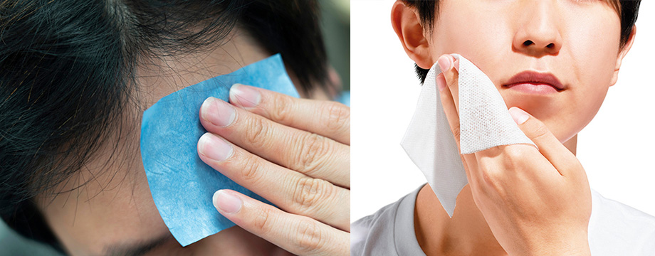 Men using oil blotting paper | Men using facial wipes